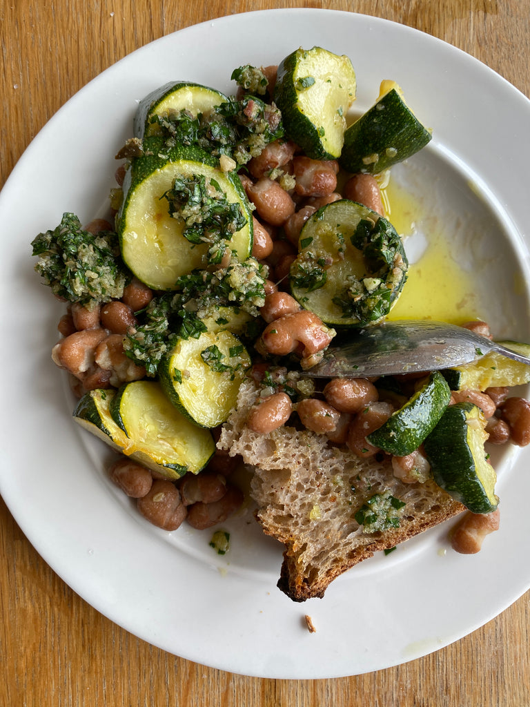 Courgettes, Borlotti Beans and Green Sauce